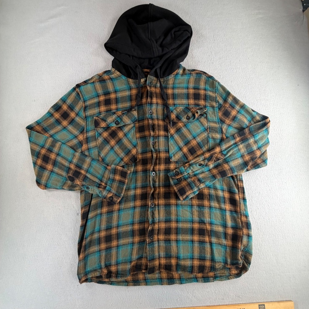No Boundaries Mens Large Blue Orange Plaid Hooded Flannel Shirt Oversized Grunge